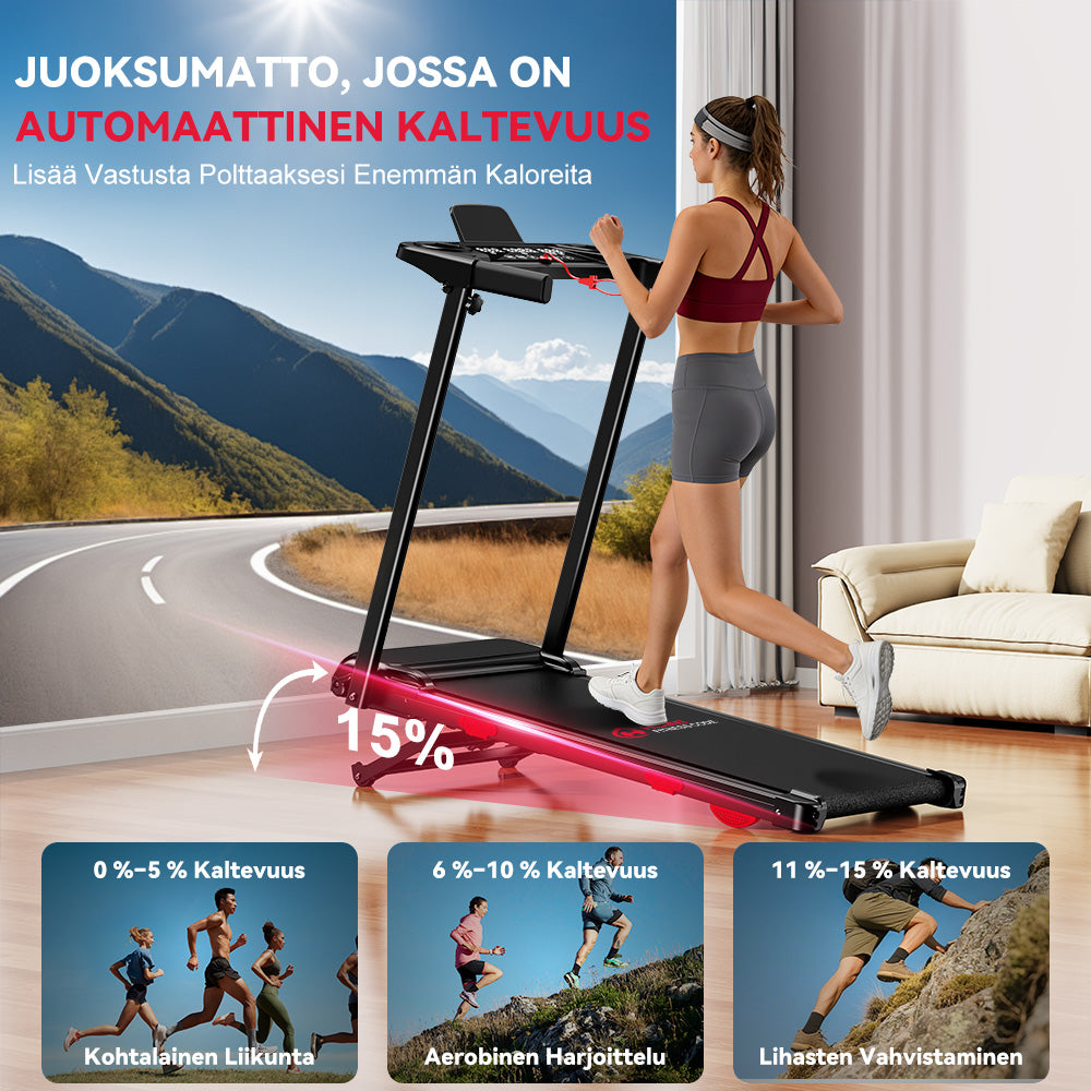 Taitettava Juoksumatto Q5 Säädettävällä Kaltevuudella, Harjaton Moottori, Nopeus 1–12 Km/H