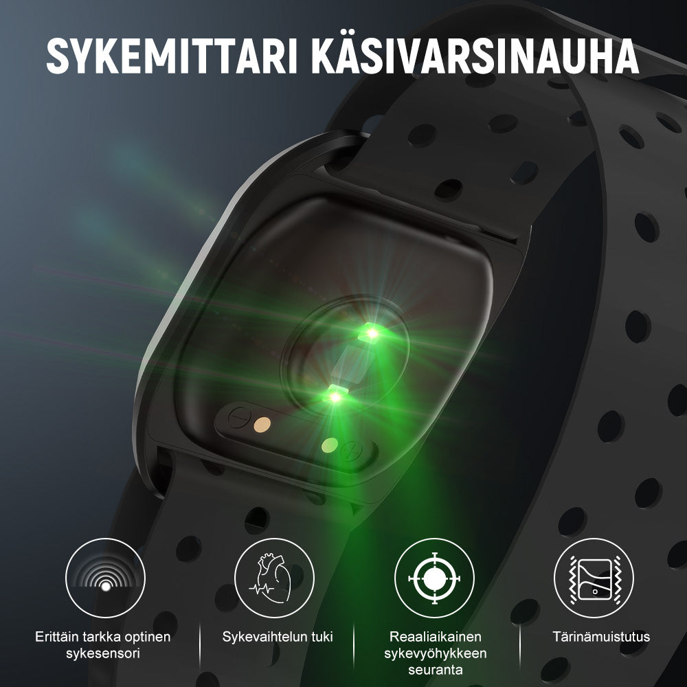 Sykemittari Rannekoru, Bluetooth 5.0/ANT+, IP67 Vedenpitävä